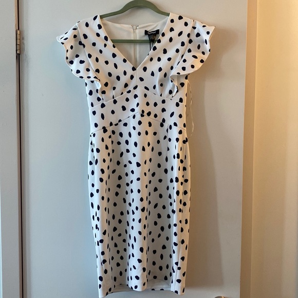 DKNY SPOTTED WHITE & NAVY COCKTAIL DRESS - Picture 1 of 4